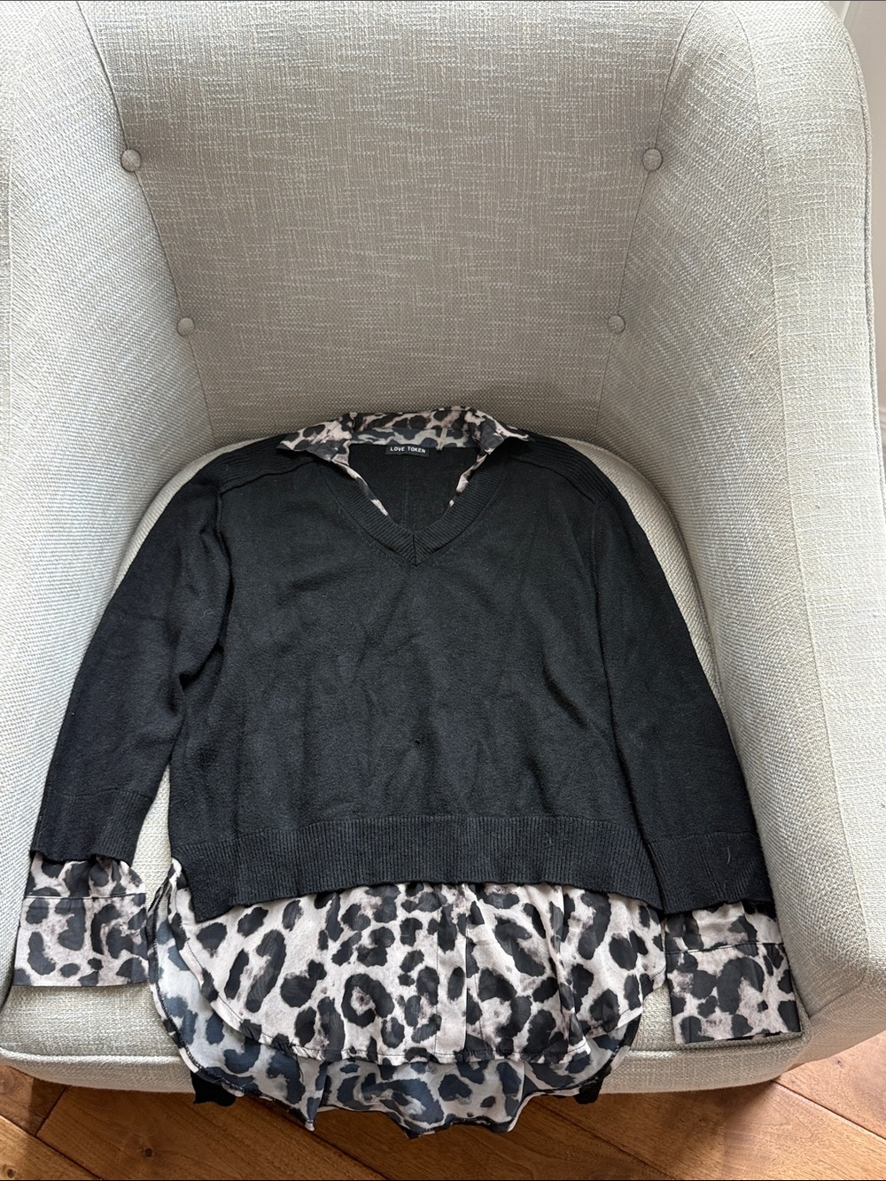 Love Token Black V-Neck Sweater with Black & Cream Leopard Hem